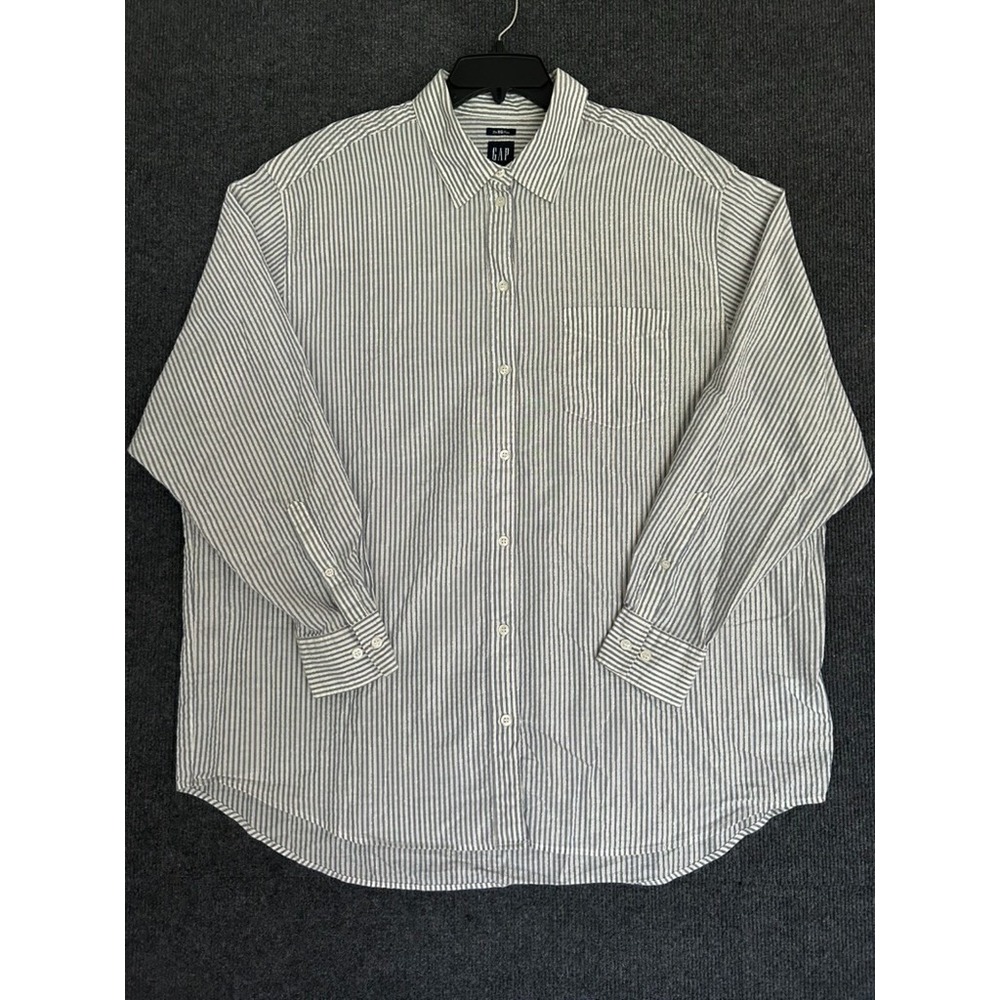 GAP The Big Shirt Women's XL Tall Shirt Long Sleeve Seersucker Blue Gold Stripe